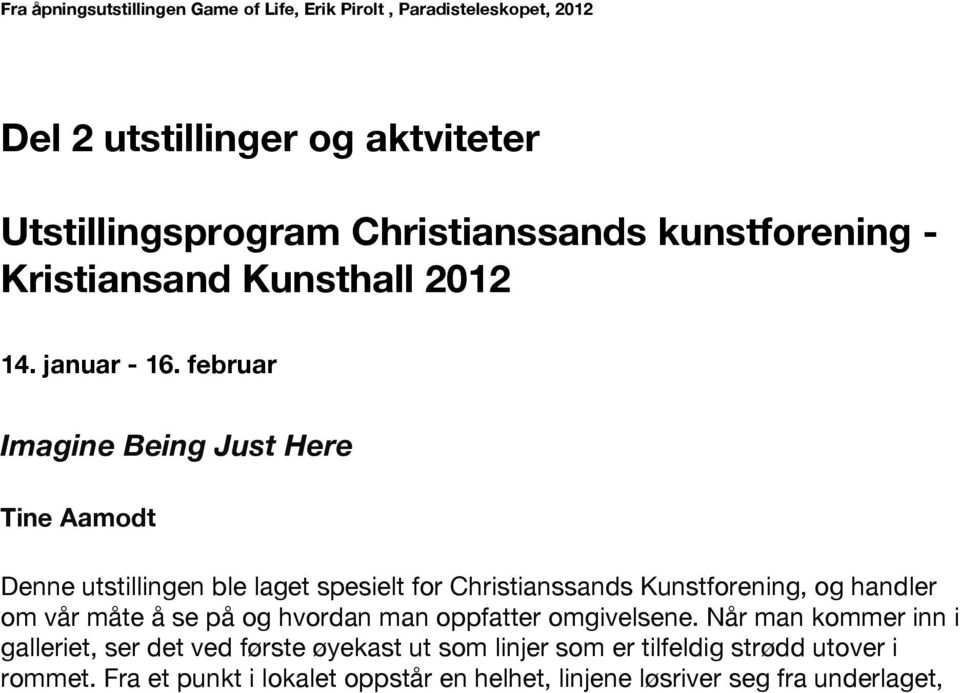 februar Imagine Being Just Here Tine Aamodt Denne utstillingen ble laget spesielt for Christianssands Kunstforening, og handler om vår måte å se