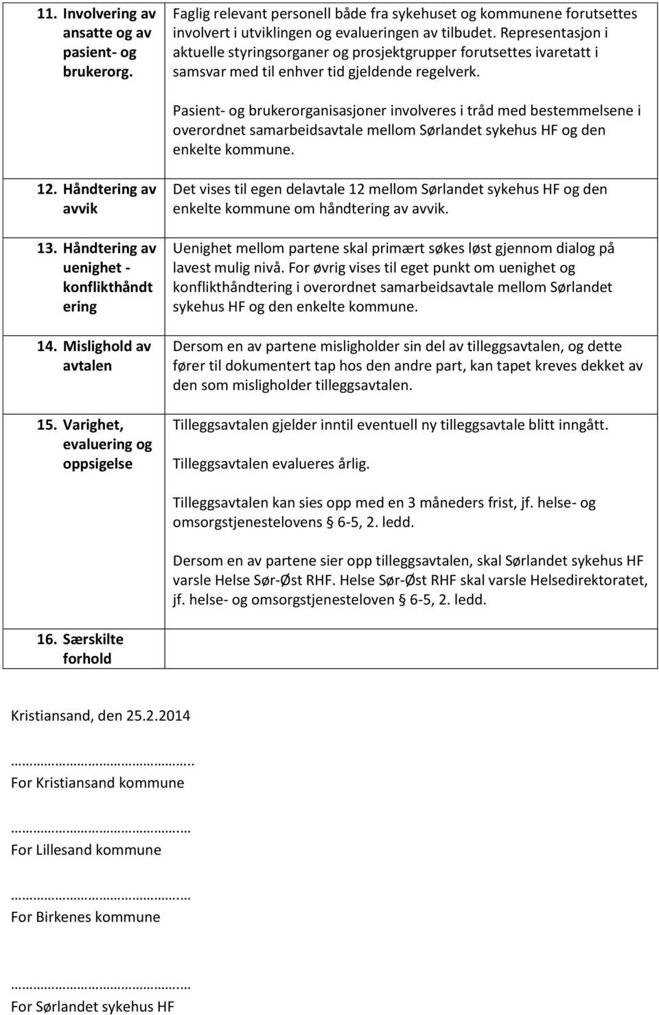 Pasient- og brukerorganisasjoner involveres i tråd med bestemmelsene i overordnet samarbeidsavtale mellom Sørlandet sykehus HF og den enkelte kommune. 12. Håndtering av avvik 13.