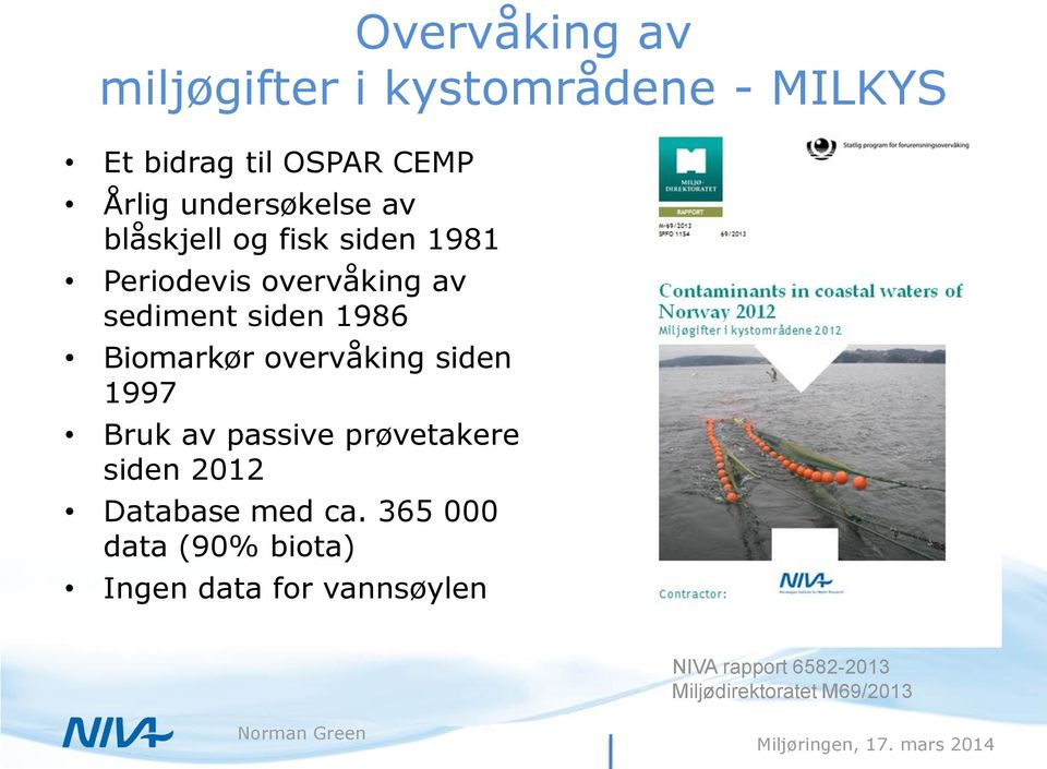 Biomarkør overvåking siden 1997 Bruk av passive prøvetakere siden 2012 Database med ca.