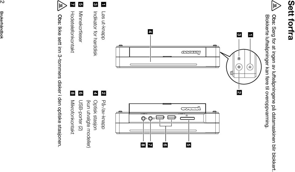 Løs ut-knapp På-/av-knapp Indikator for harddisk Optisk stasjon (kun utvalgte modeller)