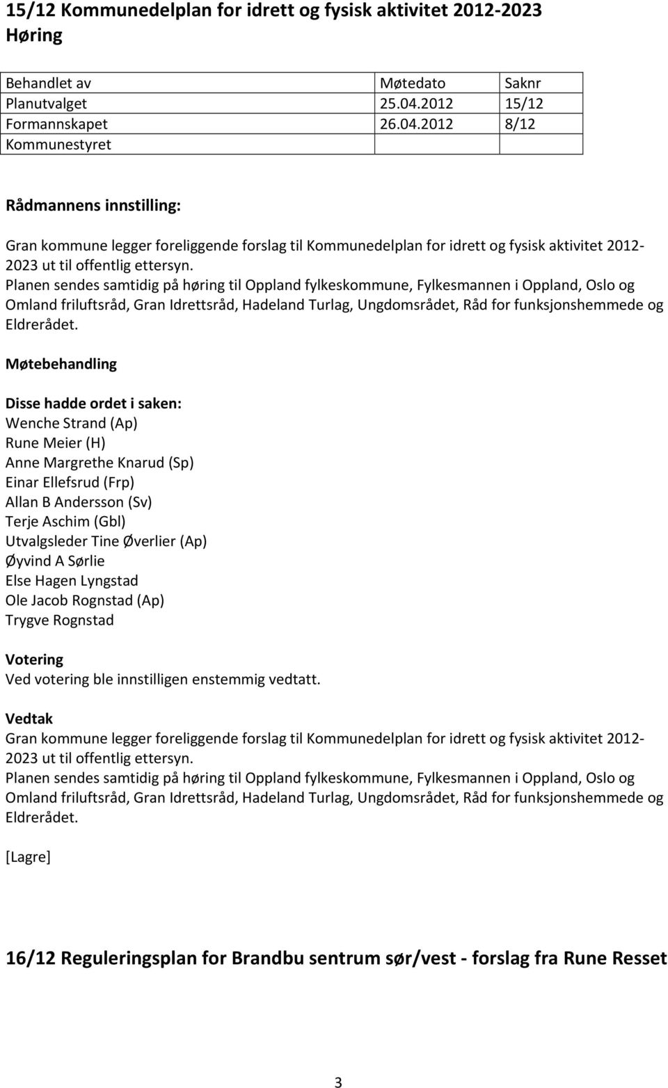 Planen sendes samtidig på høring til Oppland fylkeskommune, Fylkesmannen i Oppland, Oslo og Omland friluftsråd, Gran Idrettsråd, Hadeland Turlag, Ungdomsrådet, Råd for funksjonshemmede og Eldrerådet.