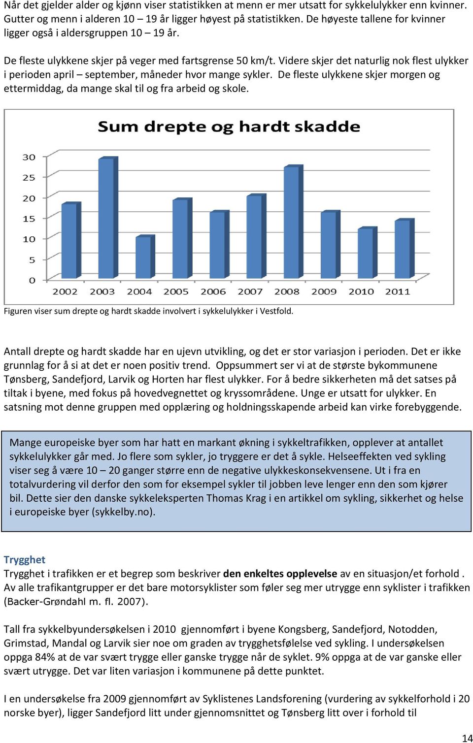 Videre skjer det naturlig nok flest ulykker i perioden april september, måneder hvor mange sykler. De fleste ulykkene skjer morgen og ettermiddag, da mange skal til og fra arbeid og skole.