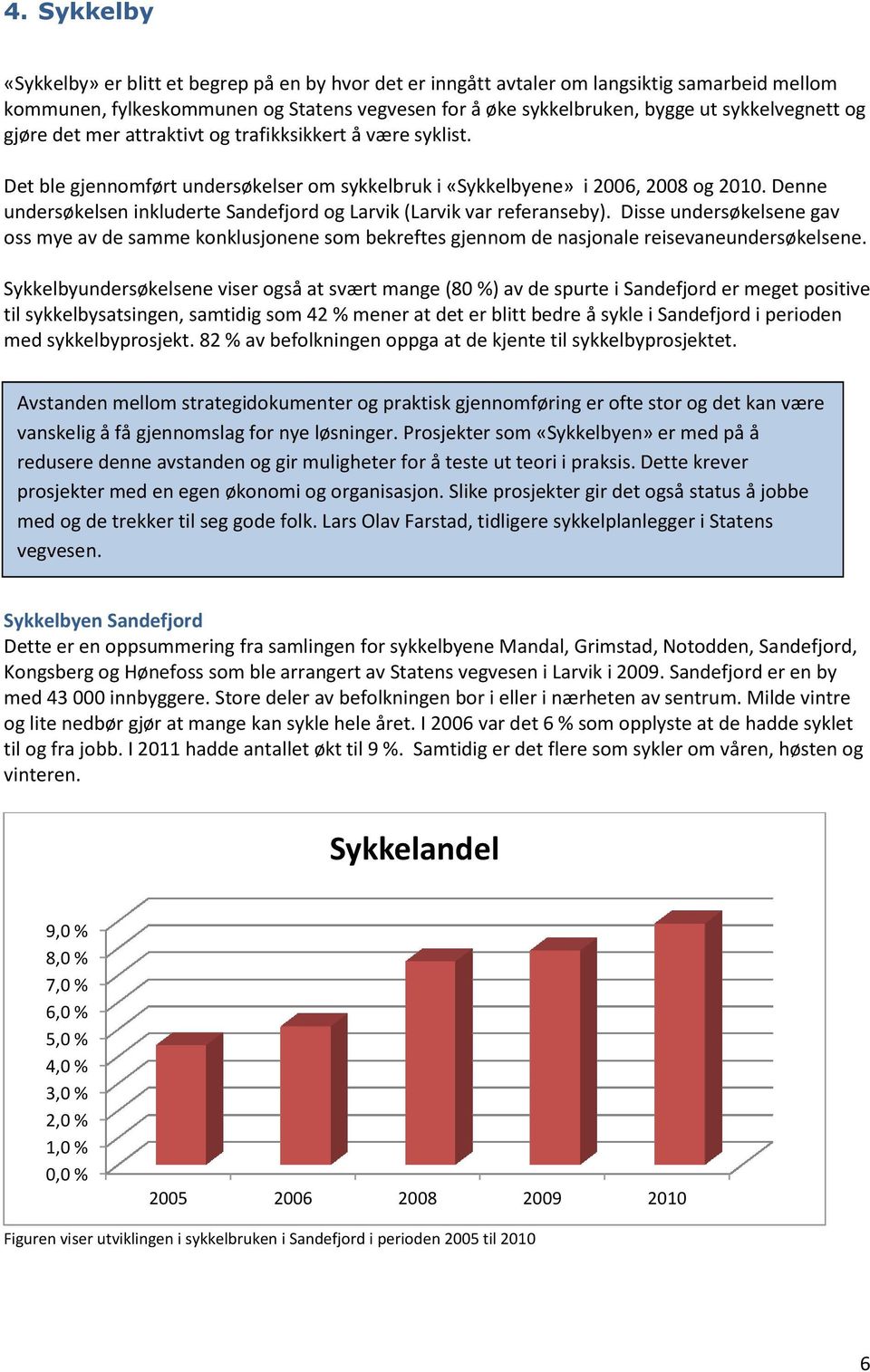 Denne undersøkelsen inkluderte Sandefjord og Larvik (Larvik var referanseby). Disse undersøkelsene gav oss mye av de samme konklusjonene som bekreftes gjennom de nasjonale reisevaneundersøkelsene.