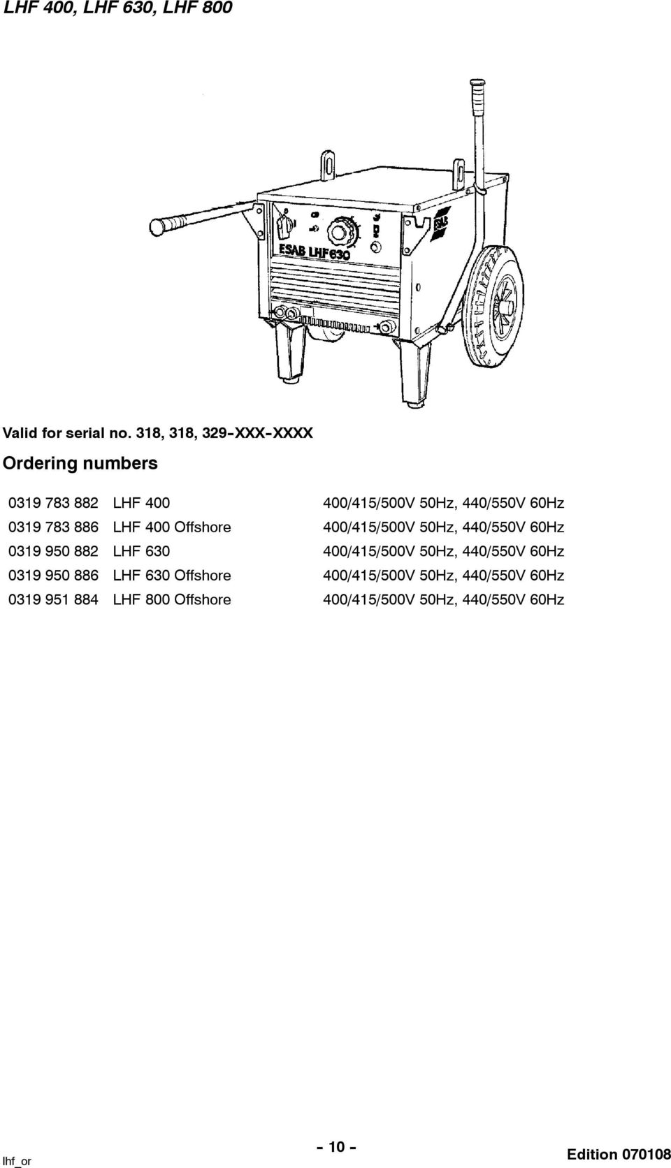 886 LHF 400 Offshore 400/415/500V 50Hz, 440/550V 60Hz 0319 950 882 LHF 630 400/415/500V 50Hz,