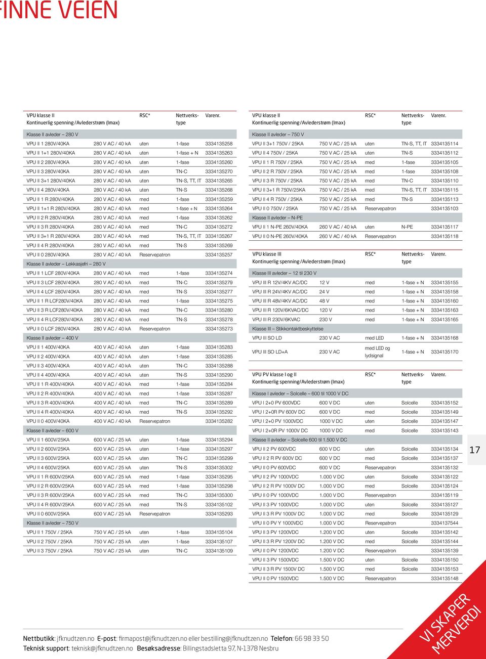 3334135260 VPU II 3 280V/40KA 280 V AC / 40 ka uten TN-C 3334135270 VPU II 3+1 280V/40KA 280 V AC / 40 ka uten TN-S, TT, IT 3334135265 VPU II 4 280V/40KA 280 V AC / 40 ka uten TN-S 3334135268 VPU II