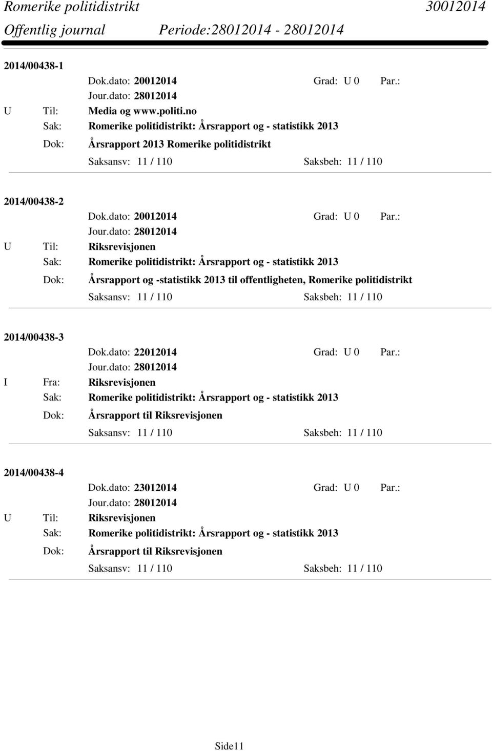 : U Til: Riksrevisjonen Sak: Romerike politidistrikt: Årsrapport og - statistikk 2013 Årsrapport og -statistikk 2013 til offentligheten, Romerike politidistrikt Saksansv: 11 / 110 Saksbeh: 11 / 110