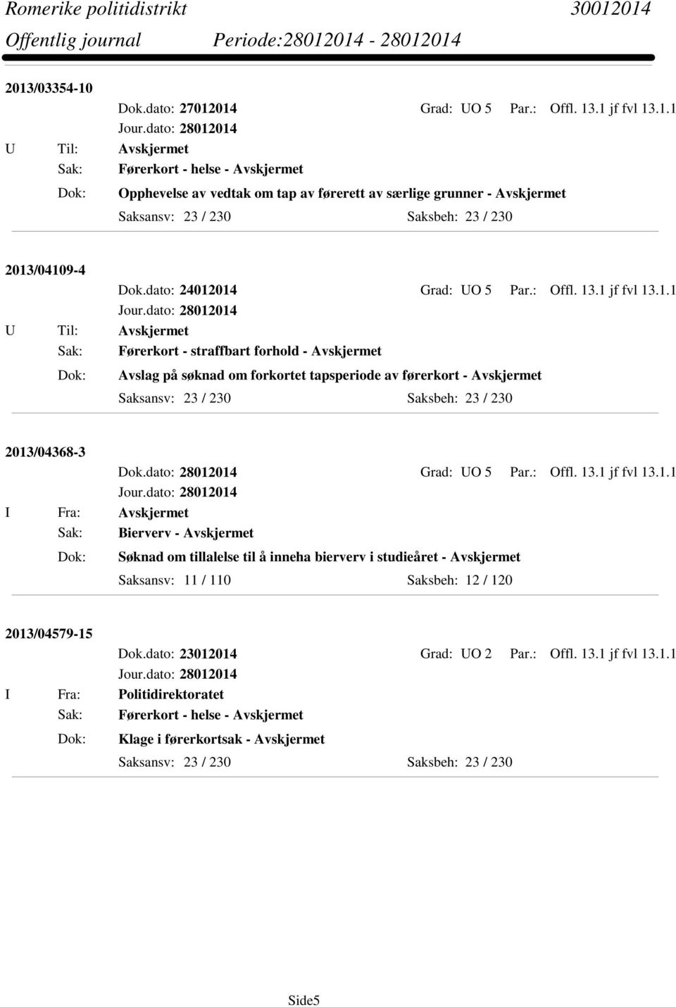 dato: 28012014 Grad: UO 5 Par.: Offl. 13.1 jf fvl 13.1.1 I Fra: Avskjermet Sak: Bierverv - Avskjermet Søknad om tillalelse til å inneha bierverv i studieåret - Avskjermet Saksansv: 11 / 110 Saksbeh: 12 / 120 2013/04579-15 Dok.