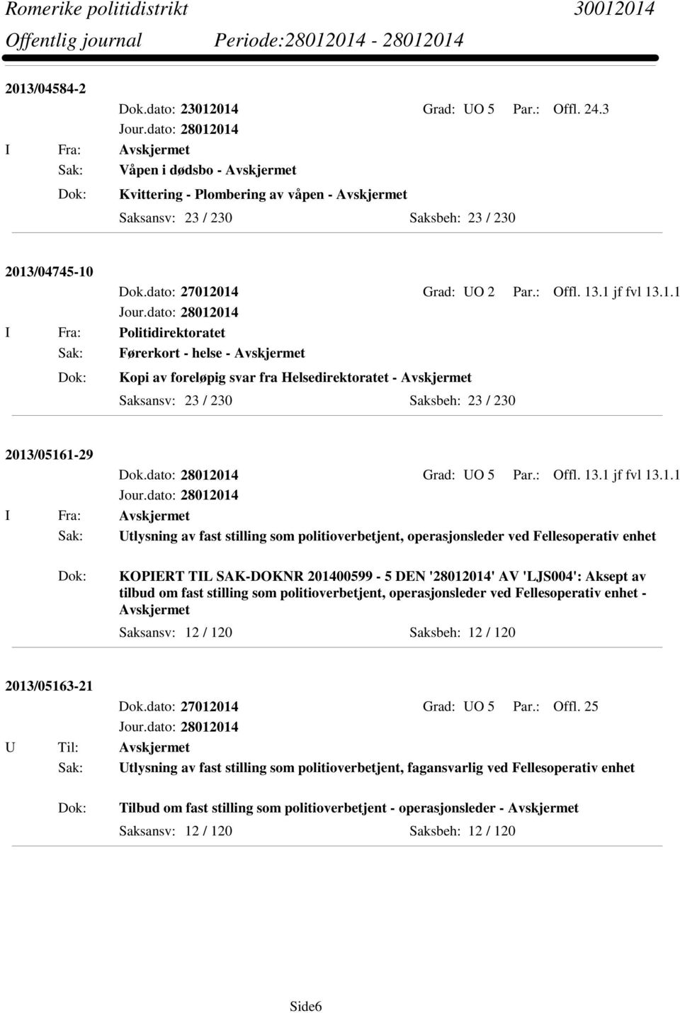 014 Grad: UO 5 Par.: Offl. 13.1 jf fvl 13.1.1 I Fra: Avskjermet Sak: Utlysning av fast stilling som politioverbetjent, operasjonsleder ved Fellesoperativ enhet KOPIERT TIL SAK-DOKNR 201400599-5 DEN