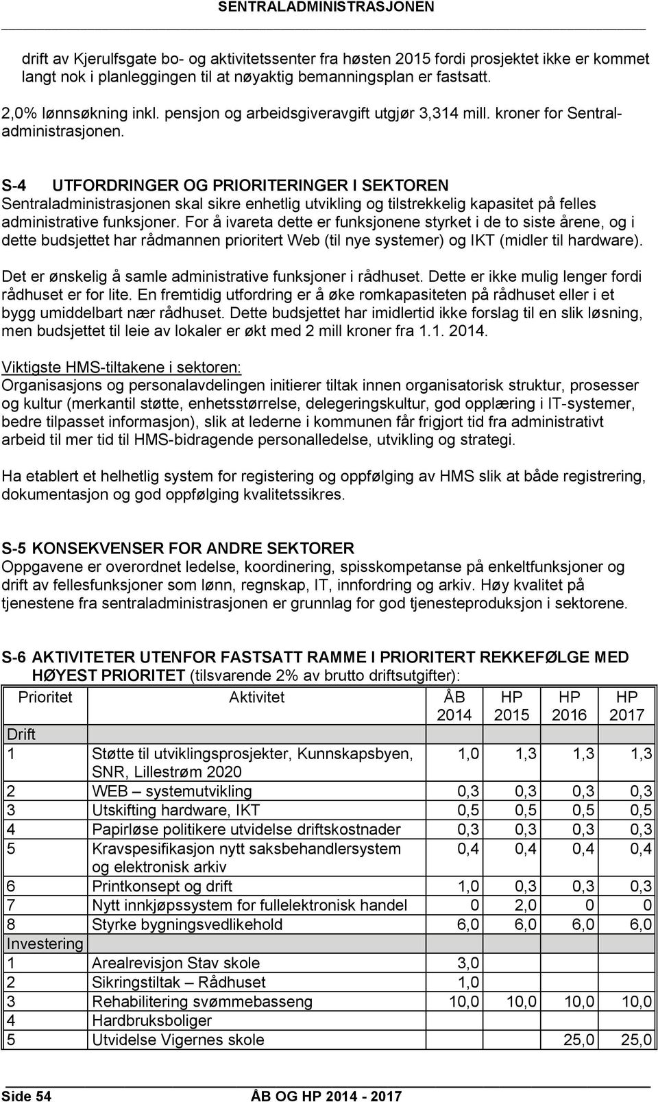 S-4 UTFORDRINGER OG PRIORITERINGER I SEKTOREN Sentraladministrasjonen skal sikre enhetlig utvikling og tilstrekkelig kapasitet på felles administrative funksjoner.