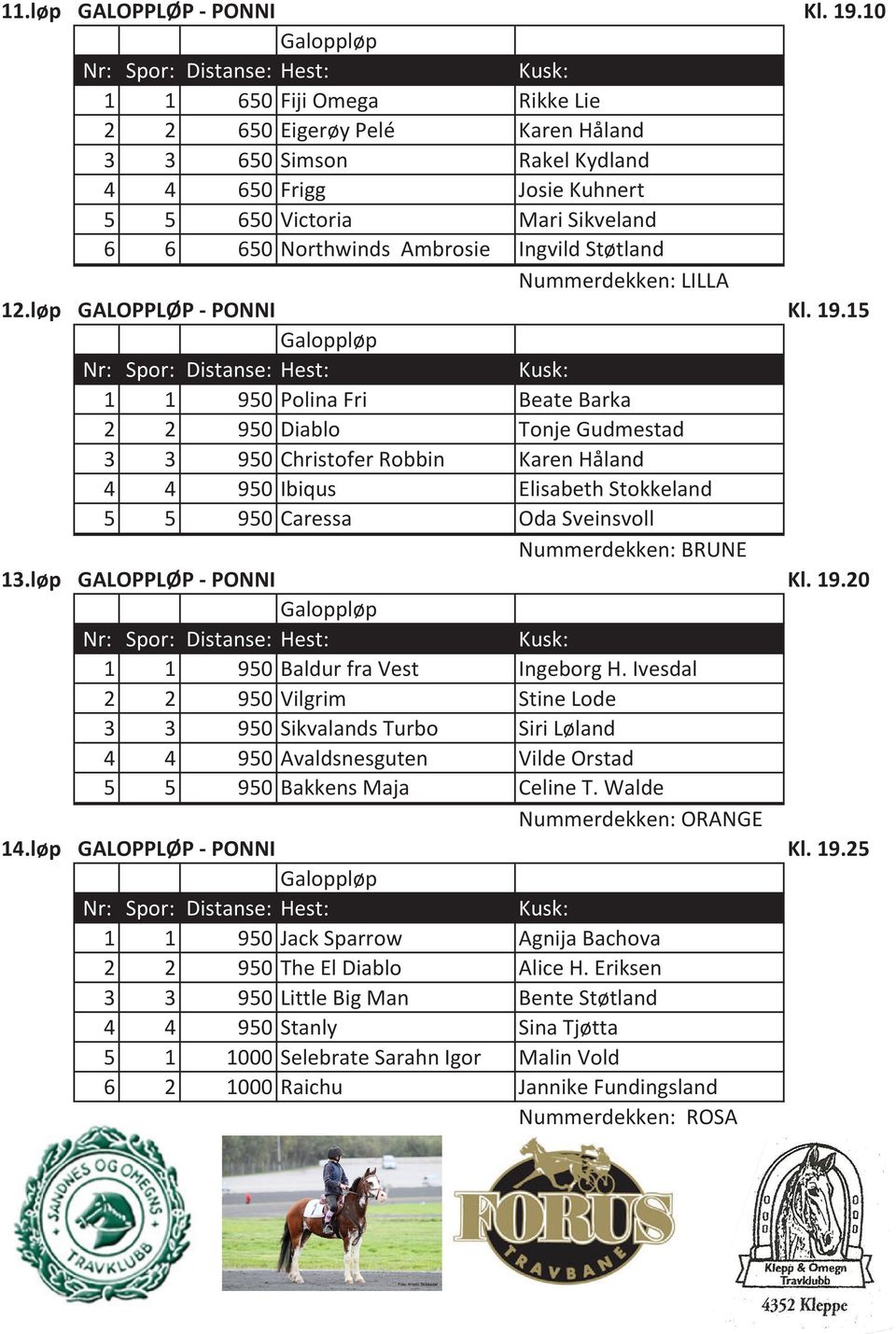 Ingvild Støtland Nummerdekken: LILLA 12.løp GALOPPLØP - PONNI Kl. 19.