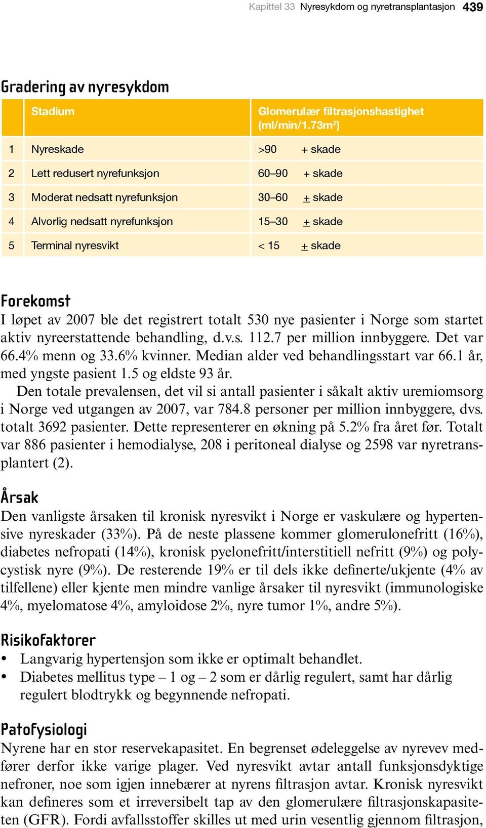 Forekomst I løpet av 2007 ble det registrert totalt 530 nye pasienter i Norge som startet aktiv nyreerstattende behandling, d.v.s. 112.7 per million innbyggere. Det var 66.4% menn og 33.6% kvinner.