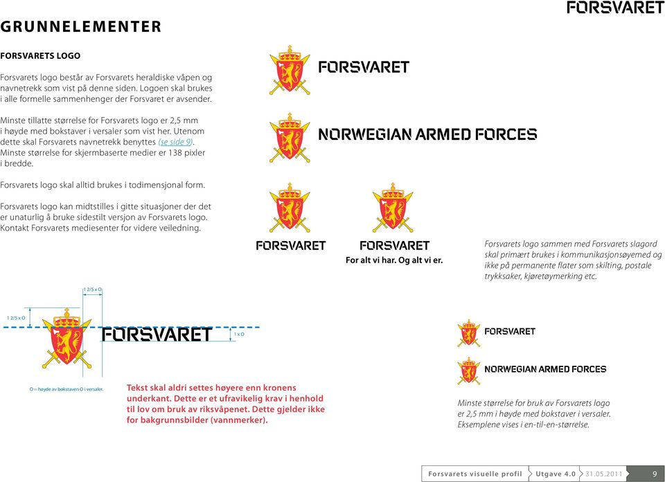 Minst e størrelse for skjermbaserte medier er 138 pixler i bredde. Forsvarets logo skal alltid brukes i todimensjona l form.