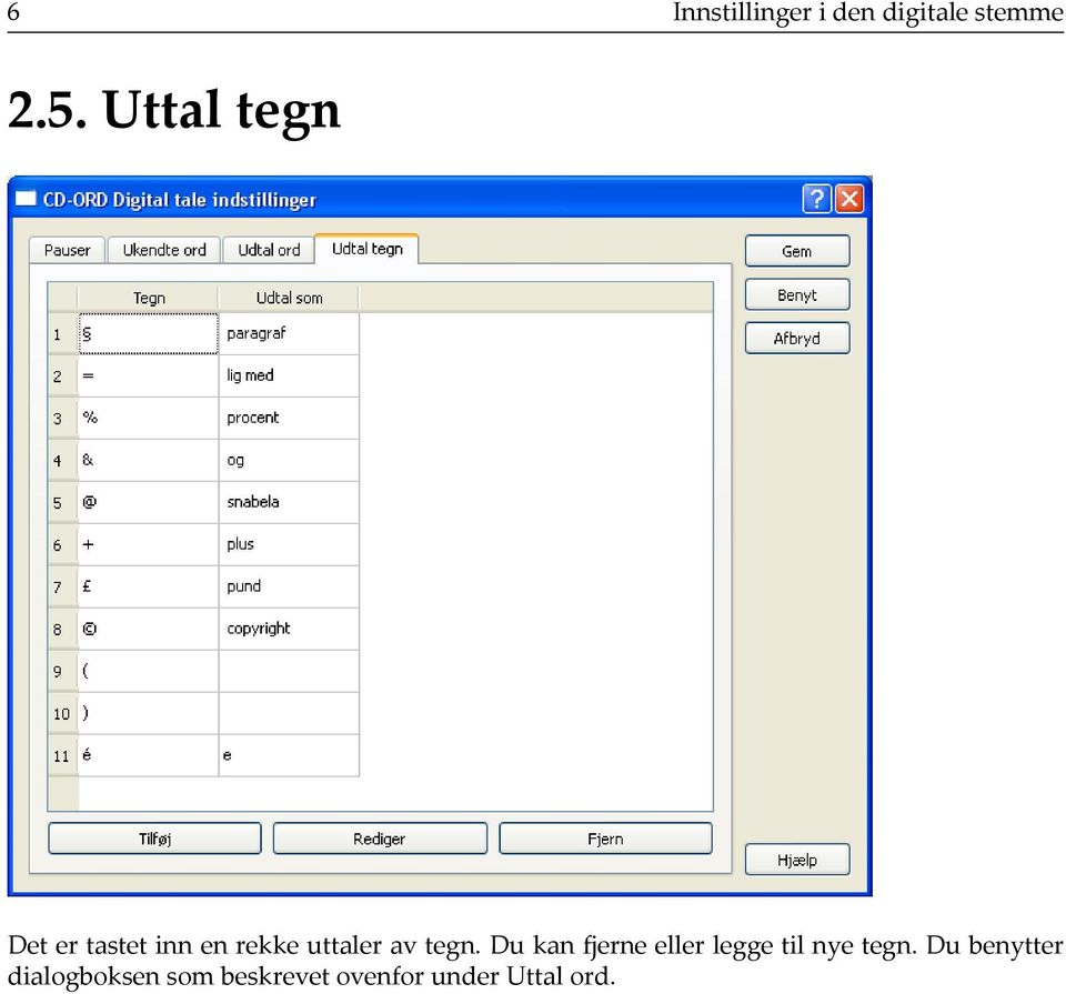 tegn. Du kan fjerne eller legge til nye tegn.