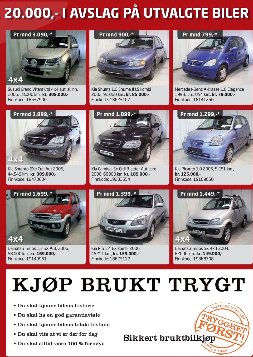 000,- Finnkode: 18141250 Pr mnd 3.899,-* Pr mnd 1.899,-* Pr mnd 1.299,-* Kia Sorento EXe Crdi Aut 2006, 44.549 km., kr. 389.