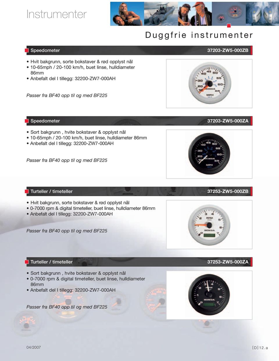 Turteller / timeteller 37253-ZW5-000ZB Hvit bakgrunn, sorte bokstaver & rød opplyst nål 0-7000 rpm & digital timeteller, buet linse, hulldiameter