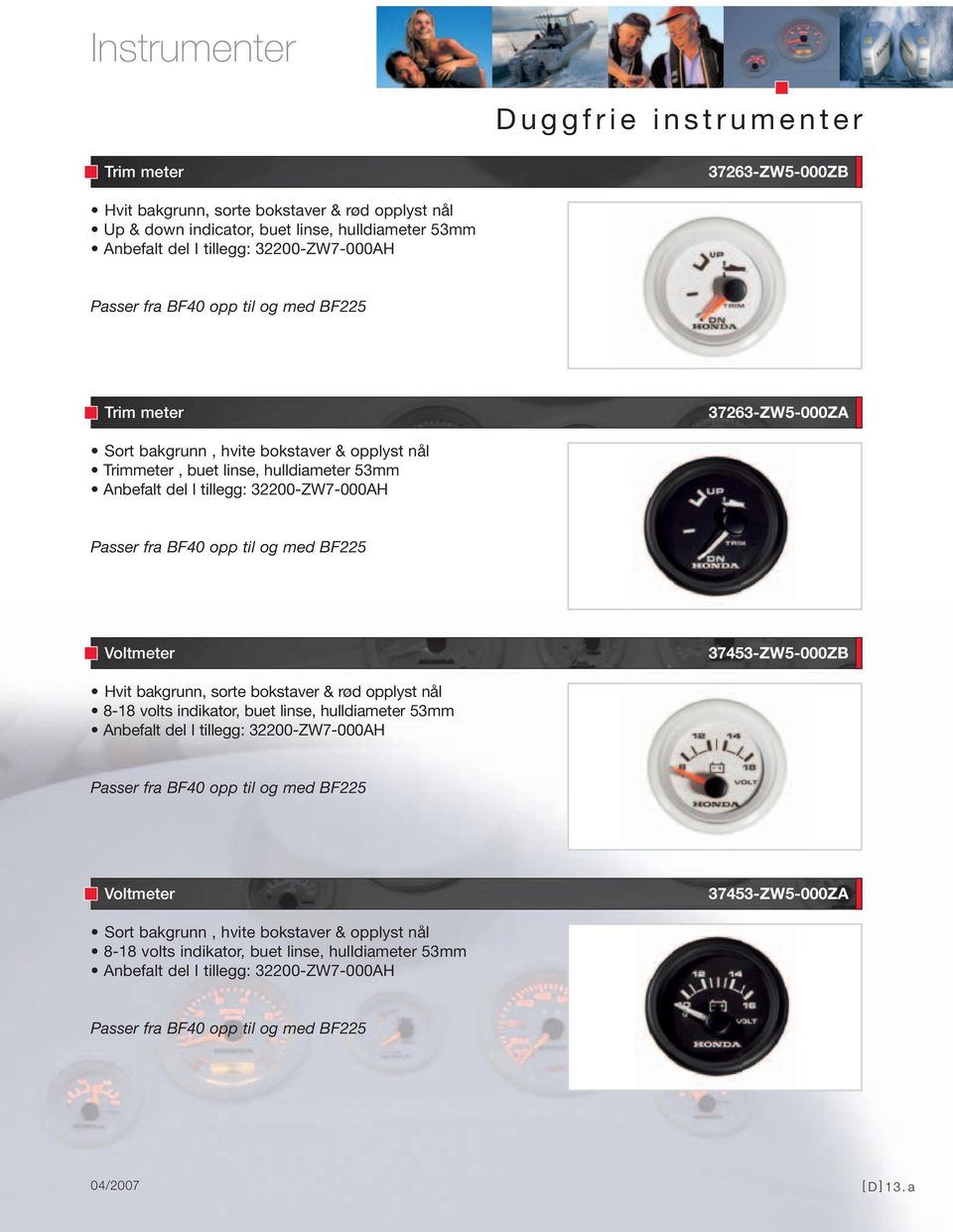 Voltmeter 37453-ZW5-000ZB Hvit bakgrunn, sorte bokstaver & rød opplyst nål 8-18 volts indikator, buet linse, hulldiameter 53mm