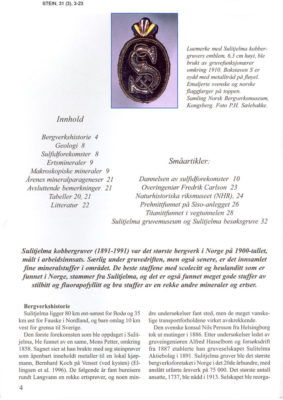 Bergverkshistorie 4 Geologi 8 Suljidforekomster 8 Ertsmineraler 9 Småartikler: Makroskopiske mineraler 9 Årenes mineralparageneser 21 Dannelsen av suljidforekomster 10 Avsluttende bemerkninger 21
