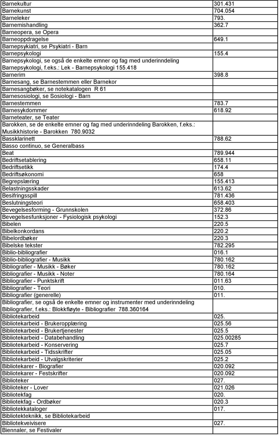 8 Barnesang, se Barnestemmen eller Barnekor Barnesangbøker, se notekatalogen R 61 Barnesosiologi, se Sosiologi - Barn Barnestemmen 783.7 Barnesykdommer 618.