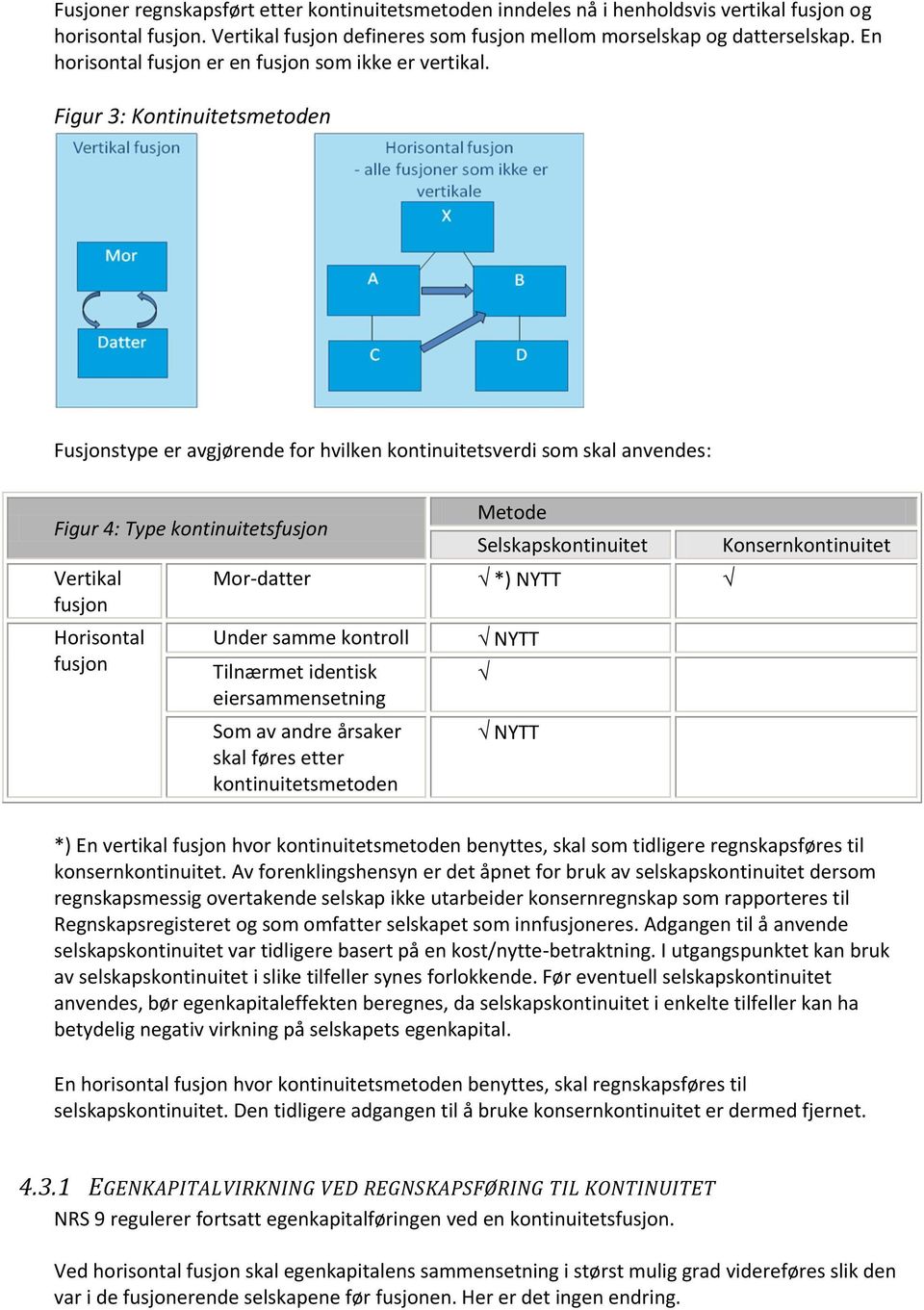 Figur 3: Kontinuitetsmetoden Fusjonstype er avgjørende for hvilken kontinuitetsverdi som skal anvendes: Figur 4: Type kontinuitetsfusjon Vertikal fusjon Horisontal fusjon Metode Selskapskontinuitet