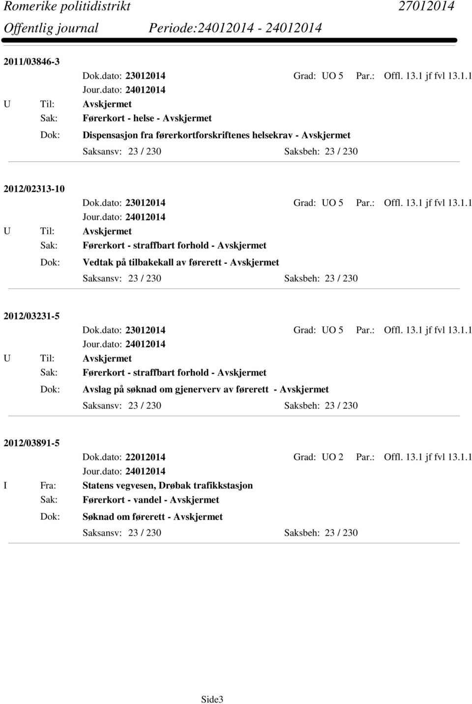 dato: 22012014 Grad: UO 2 Par.: Offl. 13.1 jf fvl 13.1.1 I Fra: Statens vegvesen, Drøbak trafikkstasjon Sak: Førerkort - vandel - Avskjermet Søknad om førerett - Avskjermet Side3