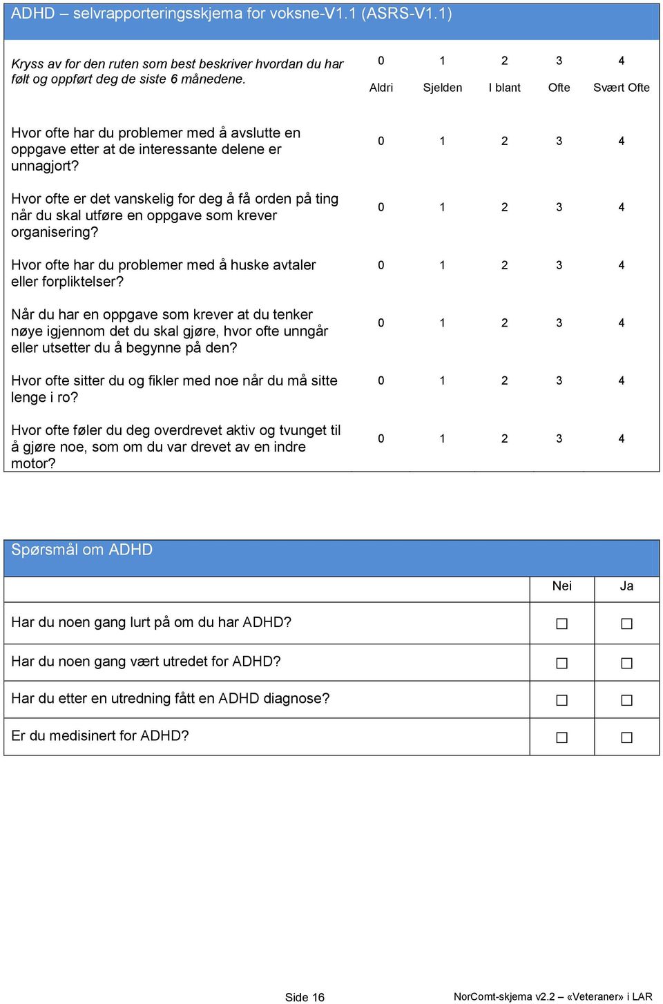 Hvor ofte er det vanskelig for deg å få orden på ting når du skal utføre en oppgave som krever organisering? Hvor ofte har du problemer med å huske avtaler eller forpliktelser?