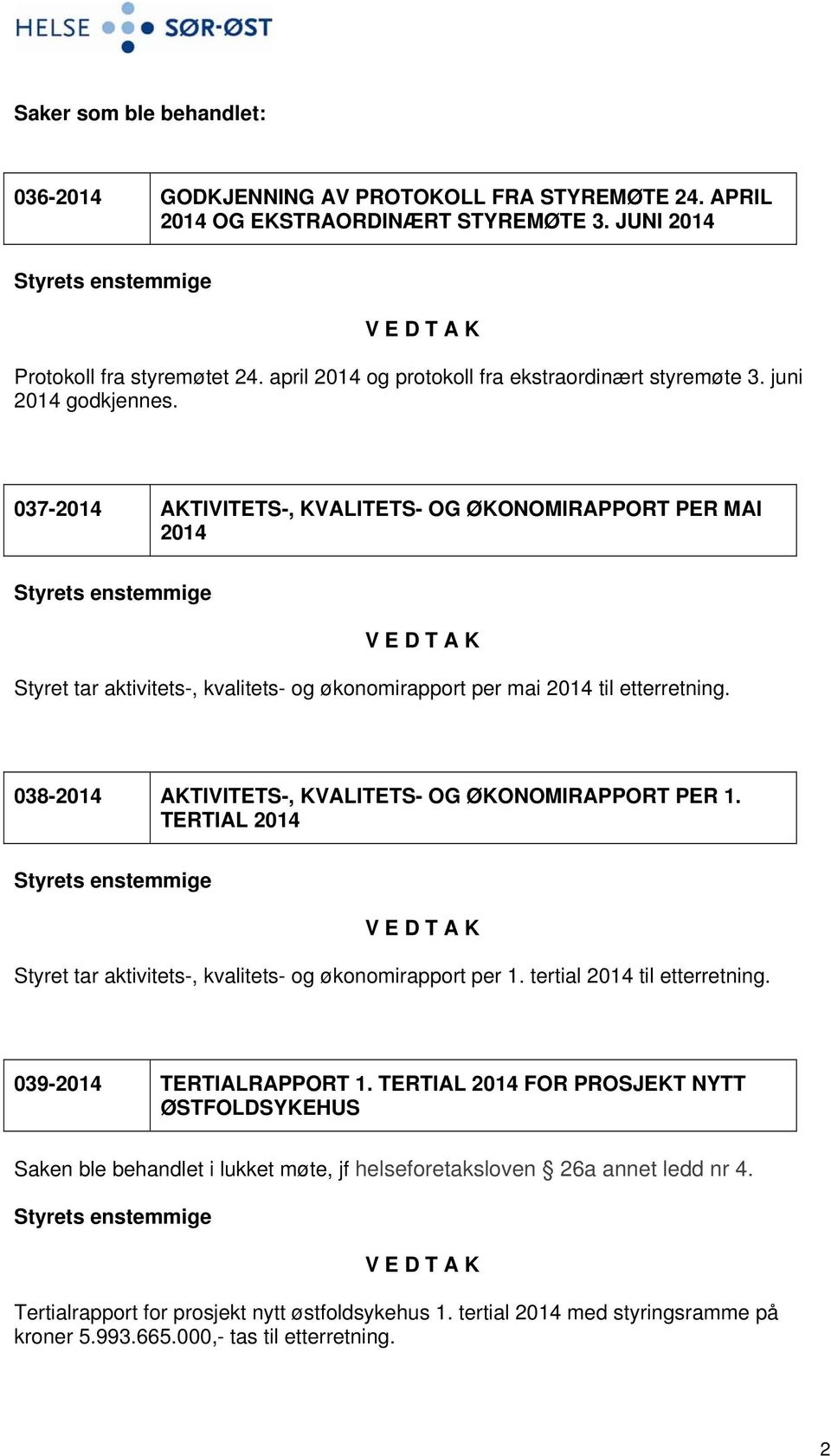 037-2014 AKTIVITETS-, KVALITETS- OG ØKONOMIRAPPORT PER MAI 2014 Styret tar aktivitets-, kvalitets- og økonomirapport per mai 2014 til etterretning.