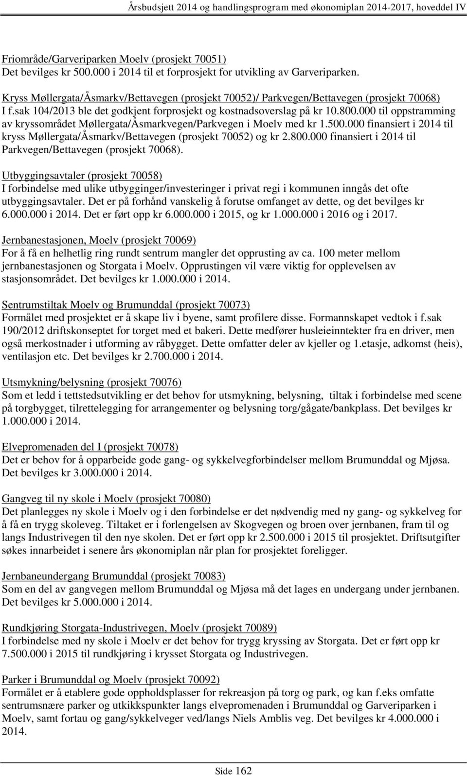 000 til oppstramming av kryssområdet Møllergata/Åsmarkvegen/Parkvegen i Moelv med kr 1.500.000 finansiert i 2014 til kryss Møllergata/Åsmarkv/Bettavegen (prosjekt 70052) og kr 2.800.