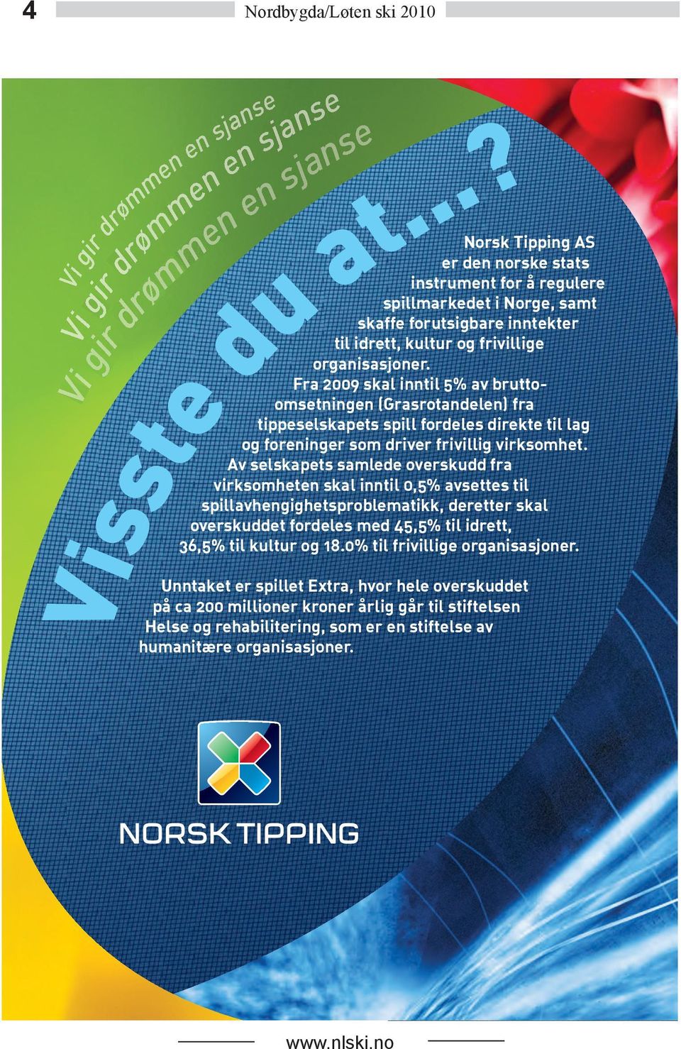 Fra 2009 skal inntil 5% av bruttoomsetningen (Grasrotandelen) fra tippeselskapets spill fordeles direkte til lag og foreninger som driver frivillig virksomhet.