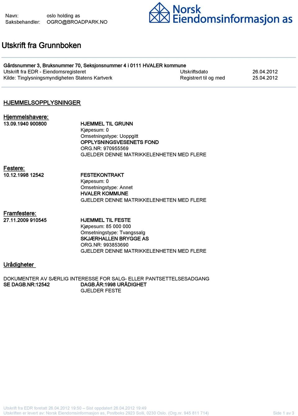 2012 Kilde: Tinglysningsmyndigheten Statens Kartverk Registrert til og med 25.04.2012 HJEMMELSOPPLYSNINGER Hjemmelshavere: 13.09.