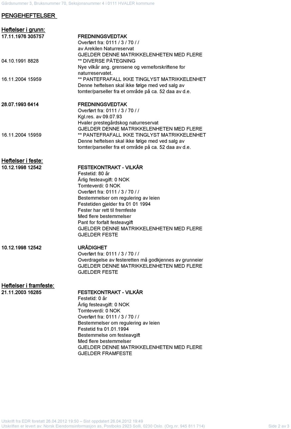 2004 15959 ** PANTEFRAFALL IKKE TINGLYST MATRIKKELENHET Denne heftelsen skal ikke følge med ved salg av tomter/parseller fra et område på ca. 52 daa av d.e. 28.07.