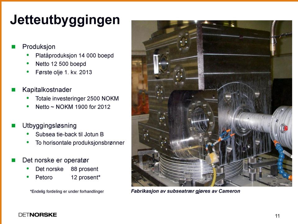 Subsea tie-back til Jotun B To horisontale produksjonsbrønner Det norske er operatør Det norske 88
