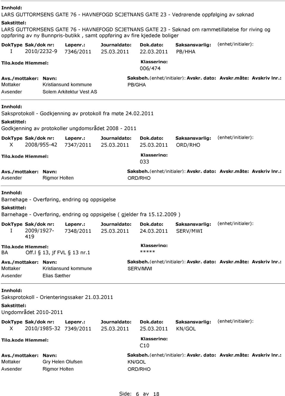 2011 Godkjenning av protokoller ungdomsrådet 2008-2011 2008/955-42 7347/2011 ORD/RHO 033 Rigmor Holten ORD/RHO Barnehage - Overføring, endring og oppsigelse Barnehage - Overføring, endring og