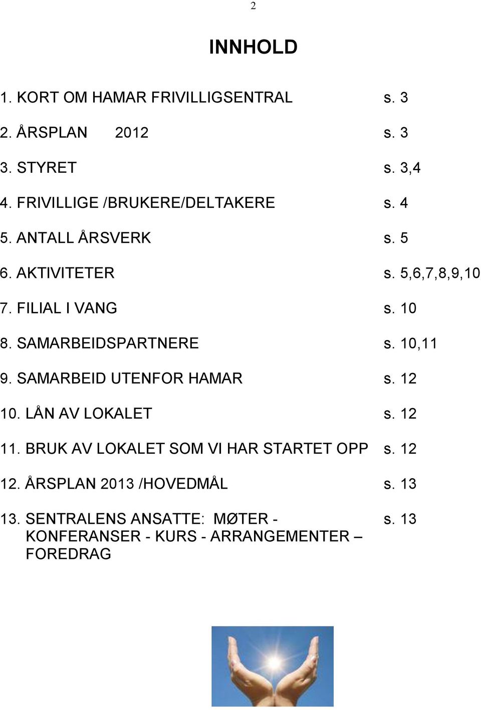 SAMARBEIDSPARTNERE s. 10,11 9. SAMARBEID UTENFOR HAMAR s. 12 10. LÅN AV LOKALET s. 12 11.