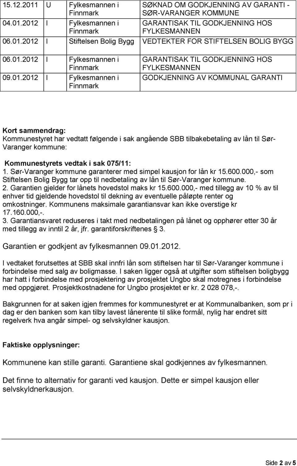 2012 I 06.01.2012 I 06.01.2012 I 09.01.2012 I Fylkesmannen i Finnmark Fylkesmannen i Finnmark Stiftelsen Bolig Bygg SØKNAD OM GODKJENNING AV GARANTI SØR-VARANGER KOMMUNE GARANTISAK TIL GODKJENNING