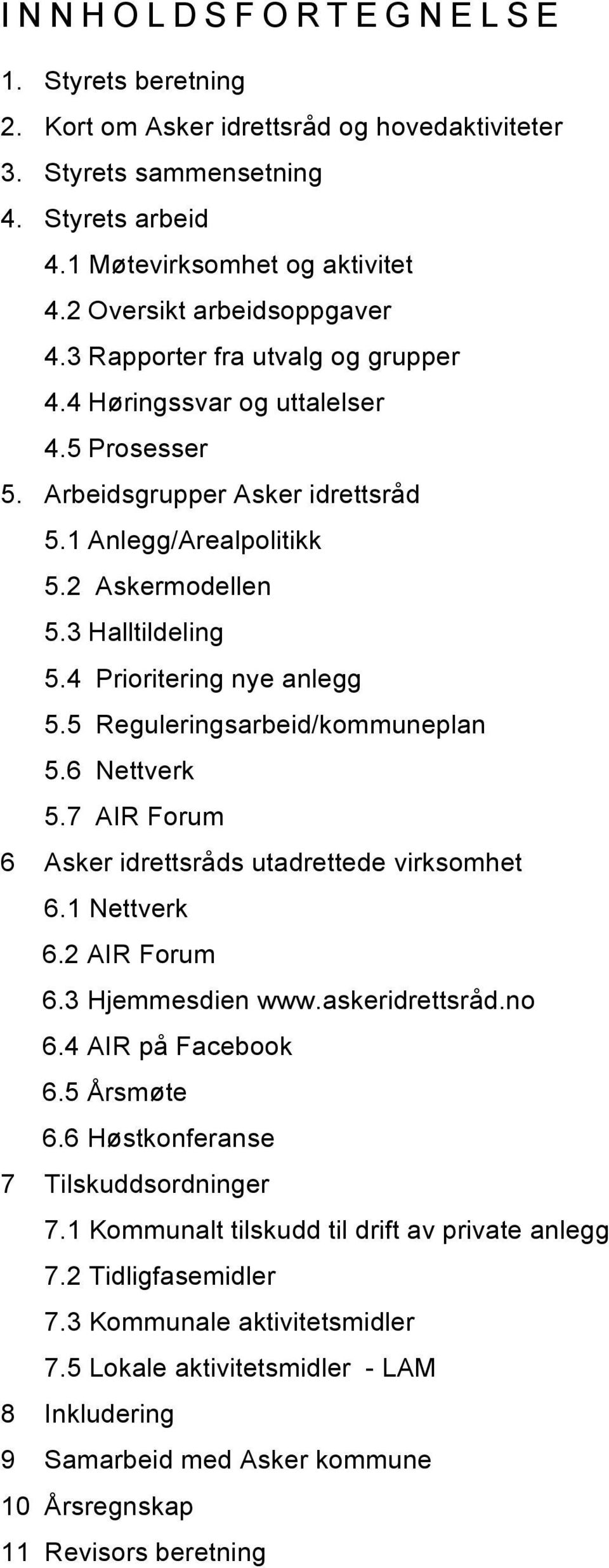 4 Prioritering nye anlegg 5.5 Reguleringsarbeid/kommuneplan 5.6 Nettverk 5.7 AIR Forum 6 Asker idrettsråds utadrettede virksomhet 6.1 Nettverk 6.2 AIR Forum 6.3 Hjemmesdien www.askeridrettsråd.no 6.