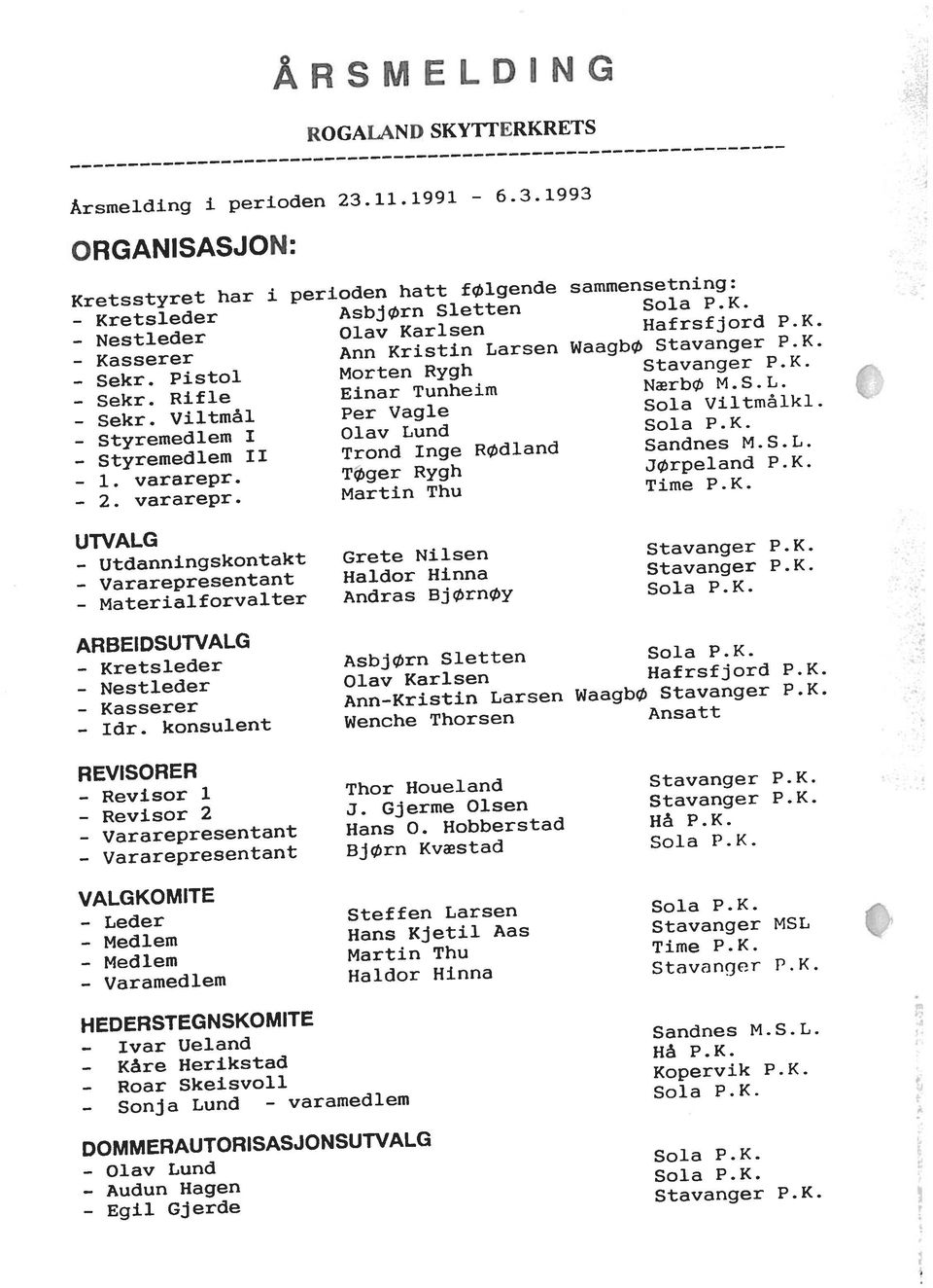 1991 - ARBEIDSUTVALG ORGANISASJON: UTVALG Kretsstyret har i perioden hatt følgende - Styremedlem II Trond Inge Rødland - Kretsieder - Nestleder - Kasserer - Kretsieder Asbj Ørn Sletten -