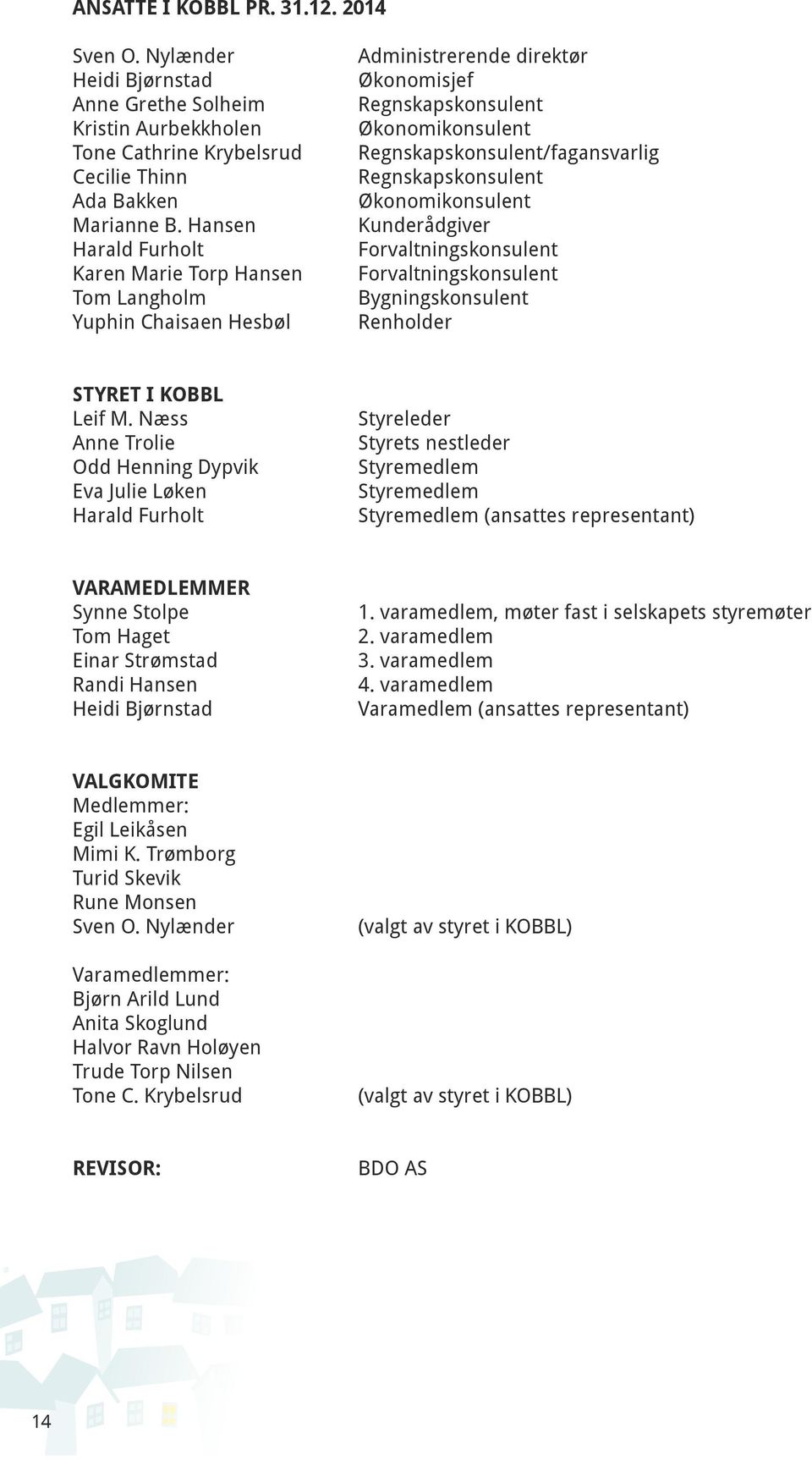 Regnskapskonsulent Økonomikonsulent Kunderådgiver Forvaltningskonsulent Forvaltningskonsulent Bygningskonsulent Renholder STYRET I KOBBL Leif M.