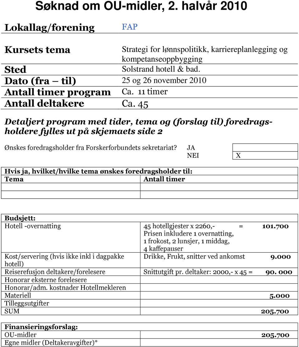 45 Detaljert program med tider, tema og (forslag til) foredragsholdere fylles ut på skjemaets side 2 Ønskes foredragsholder fra Forskerforbundets sekretariat?