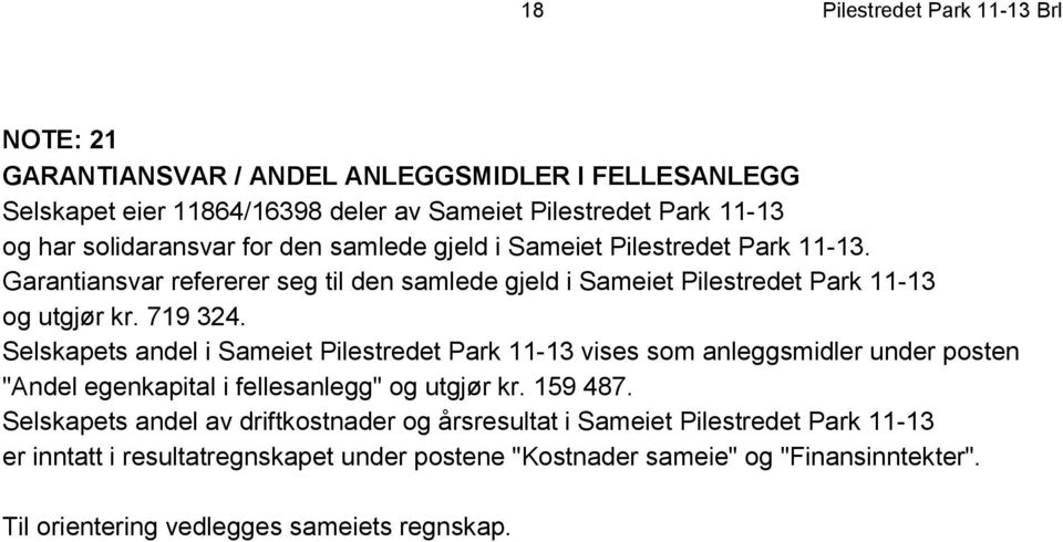 Selskapets andel i Sameiet Pilestredet Park 11-13 vises som anleggsmidler under posten "Andel egenkapital i fellesanlegg" og utgjør kr. 159 487.