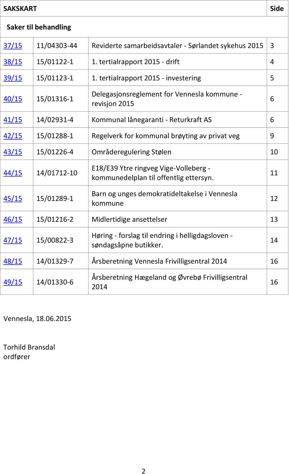 kommunal brøyting av privat veg 9 43/15 15/01226-4 Områderegulering Stølen 10 44/15 14/01712-10 45/15 15/01289-1 E18/E39 Ytre ringveg Vige-Volleberg - kommunedelplan til offentlig ettersyn.