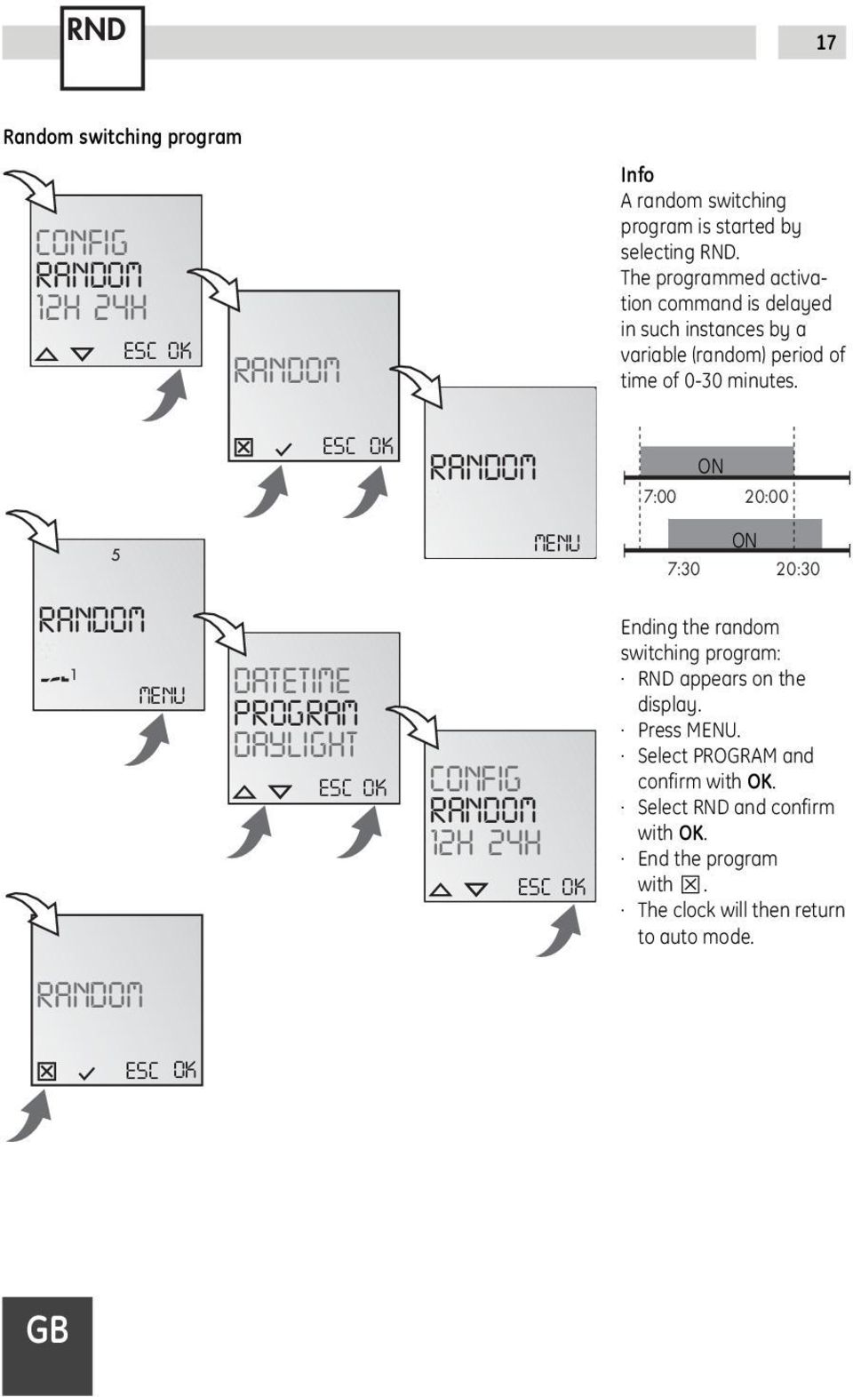 RANDOM ON 7:00 20:00 MENU ON 7:30 20:30 RANDOM MENU DATETIME PROGRAM DAYLIGHT CONFIG RANDOM 12H 24H Ending the random switching program: