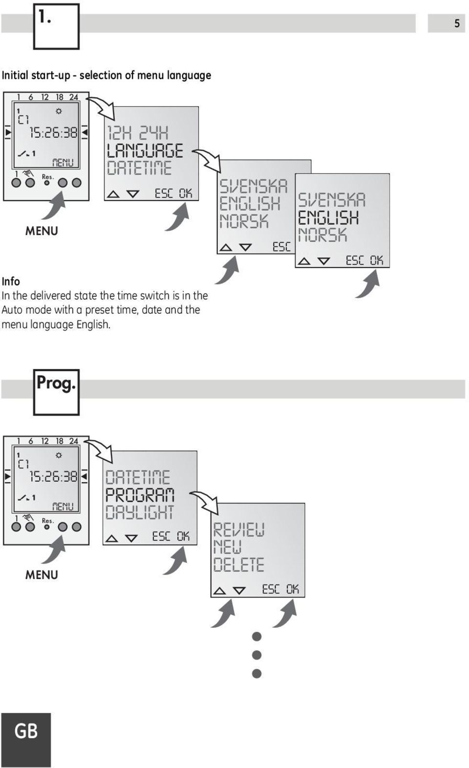 mode with a preset time, date and the menu language English.