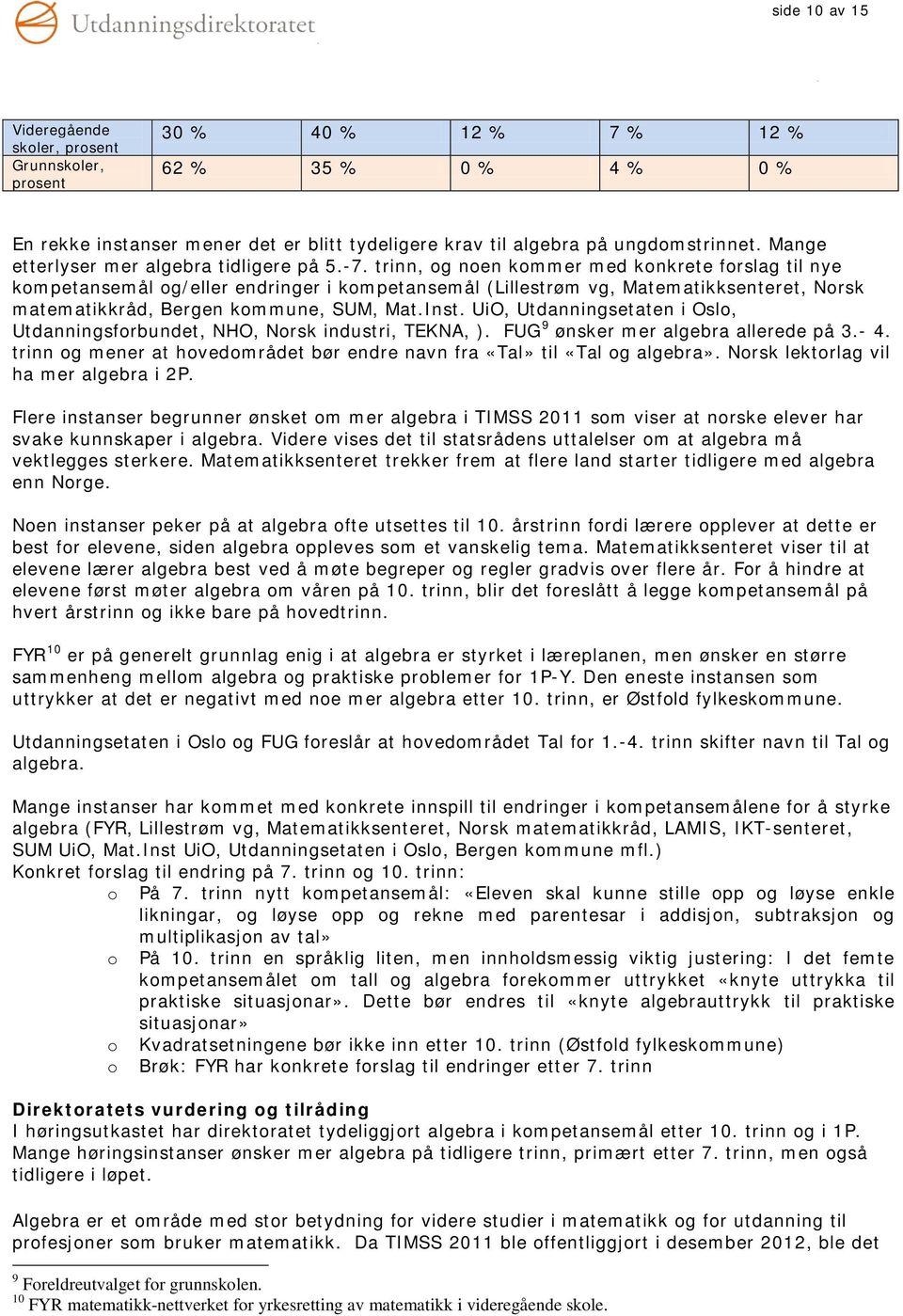 trinn, og noen kommer med konkrete forslag til nye kompetansemål og/eller endringer i kompetansemål (Lillestrøm vg, Matematikksenteret, Norsk matematikkråd, Bergen kommune, SUM, Mat.Inst.