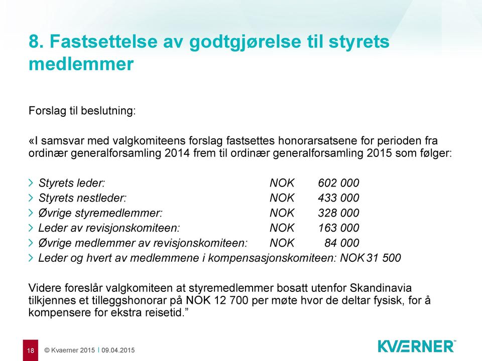 Leder av revisjonskomiteen: NOK 163 000 Øvrige medlemmer av revisjonskomiteen: NOK 84 000 Leder og hvert av medlemmene i kompensasjonskomiteen: NOK 31 500 Videre