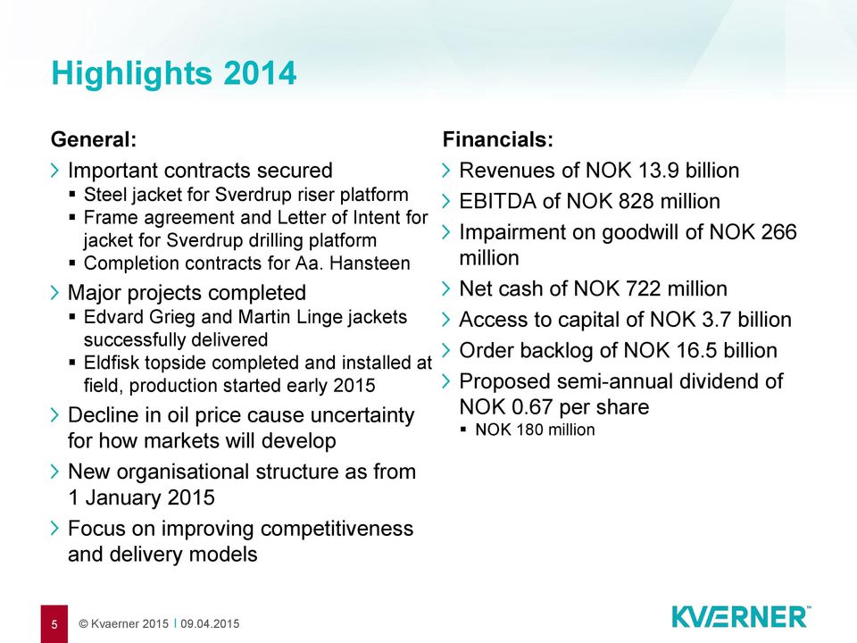 cause uncertainty for how markets will develop New organisational structure as from 1 January 2015 Focus on improving competitiveness and delivery models Financials: Revenues of NOK 13.