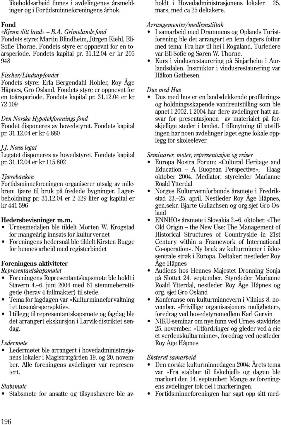 Fondets styre er oppnevnt for en toårsperiode. Fondets kapital pr. 31.12.04 er kr 72 109 Den Norske Hypotekforenings fond Fondet disponeres av hovedstyret. Fondets kapital pr. 31.12.04 er kr 4 880 J.