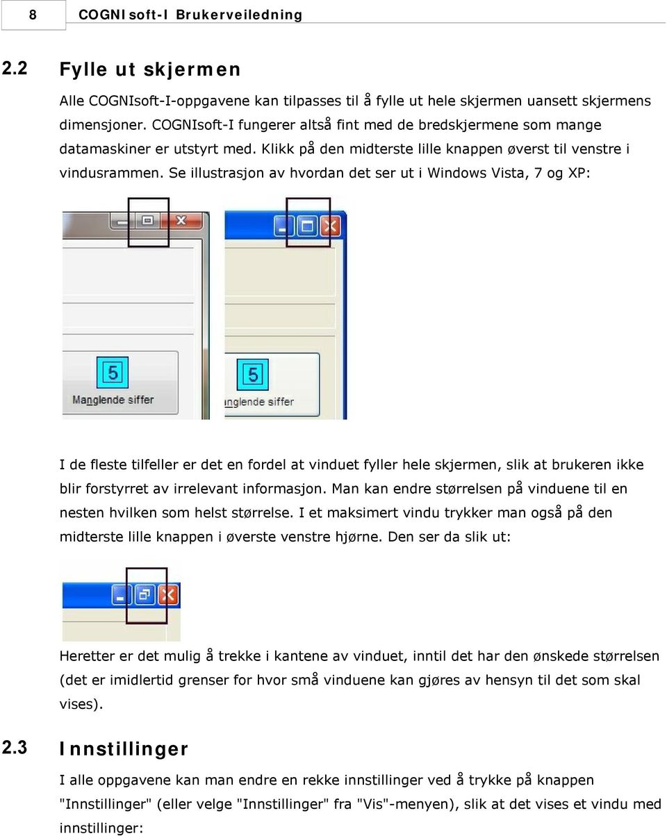 Se illustrasjon av hvordan det ser ut i Windows Vista, 7 og XP: I de fleste tilfeller er det en fordel at vinduet fyller hele skjermen, slik at brukeren ikke blir forstyrret av irrelevant informasjon.