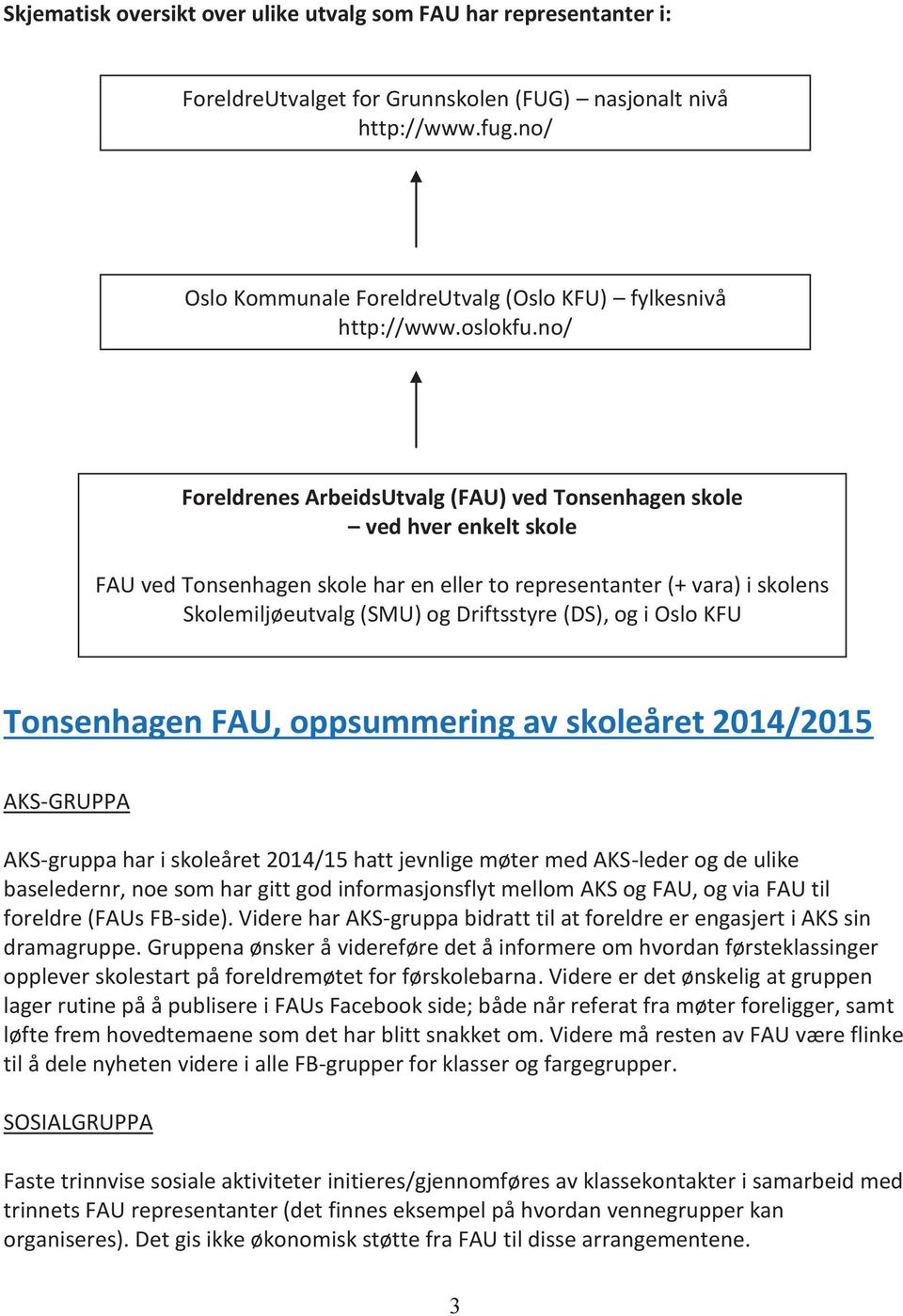 KFU Tnsenhagen FAU, ppsummering av skleåret 2014/2015 AKS-GRUPPA AKS-gruppa har i skleåret 2014/15 hatt jevnlige møter med AKS-leder g de ulike baseledernr, ne sm har gitt gd infrmasjnsflyt mellm AKS