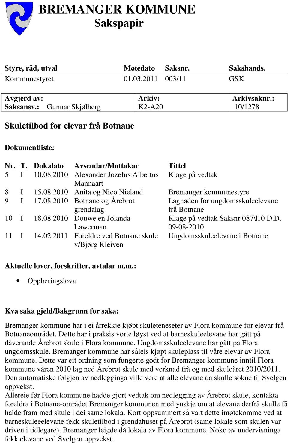 08.2010 Botnane og Årebrot grendalag Lagnaden for ungdomsskuleelevane frå Botnane 10 I 18.08.2010 Douwe en Jolanda Lawerman Klage på vedtak Saksnr 087\ 10 D.D. 09-08-2010 11 I 14.02.