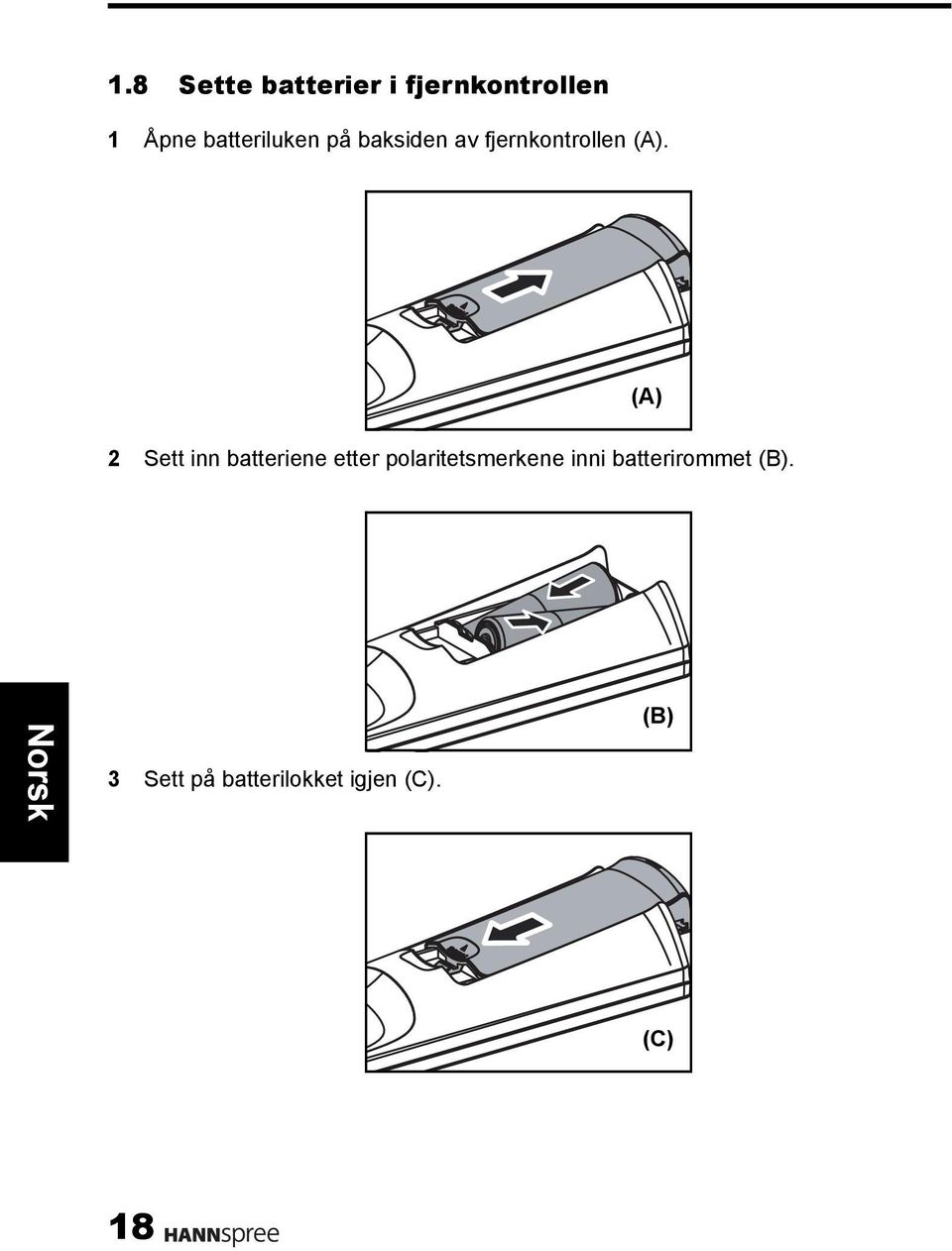 (A) 2 Sett inn batteriene etter polaritetsmerkene